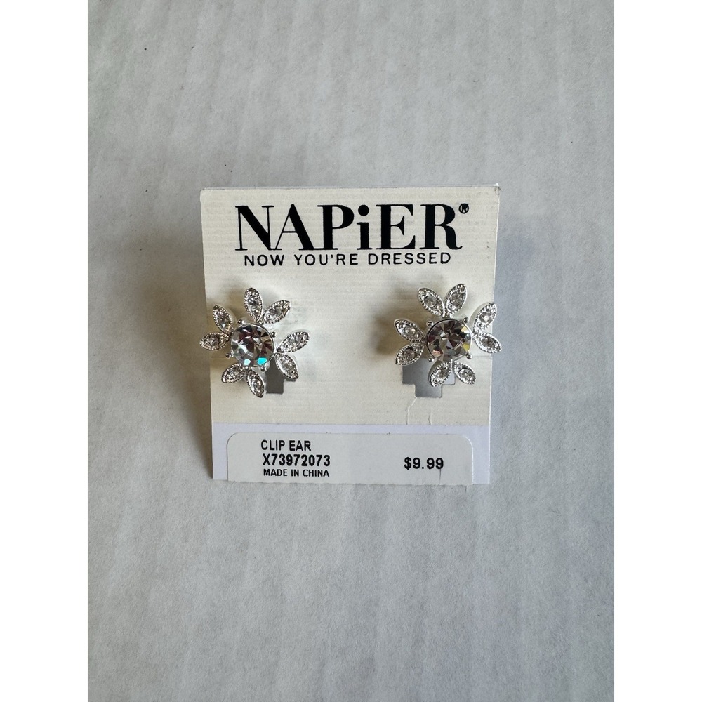 Napier Silver Tone Clear Rhinestone Snowflake Earrings Screw On Clip NWT